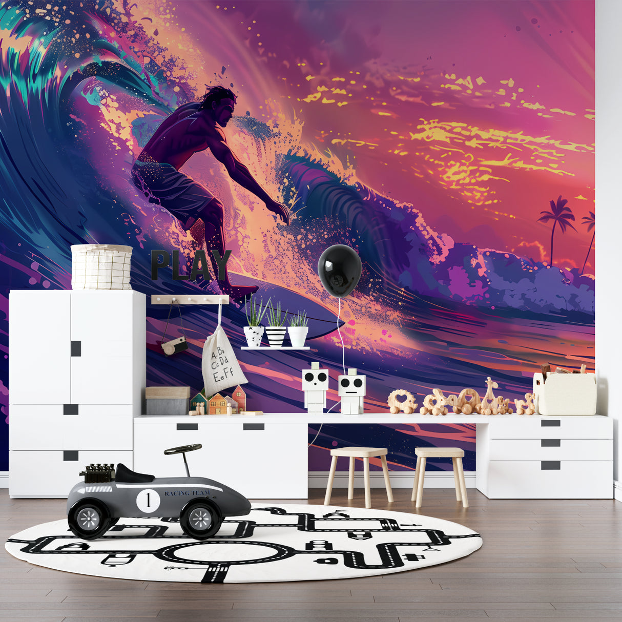 Surf wave mural wallpaper creating a beachy atmosphere in modern living room with natural light