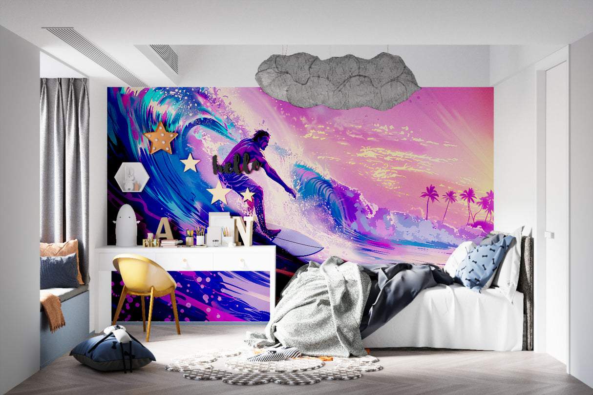 Beach wave wallpaper bringing summer vibes to teen bedroom with surfboard decor