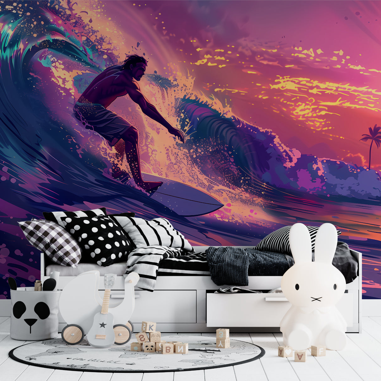 Surf wall mural making statement in coastal-style home office space