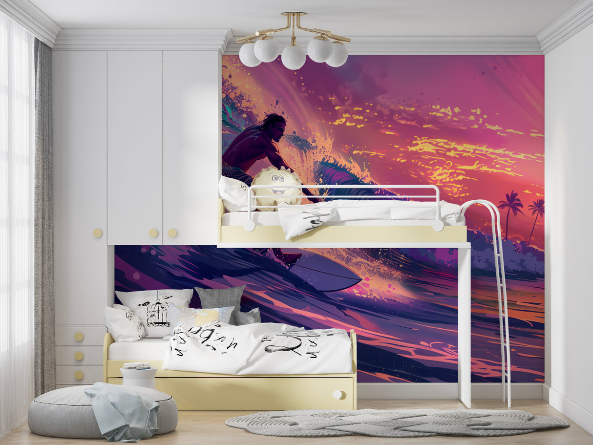 Ocean wave mural transforming game room into beach paradise