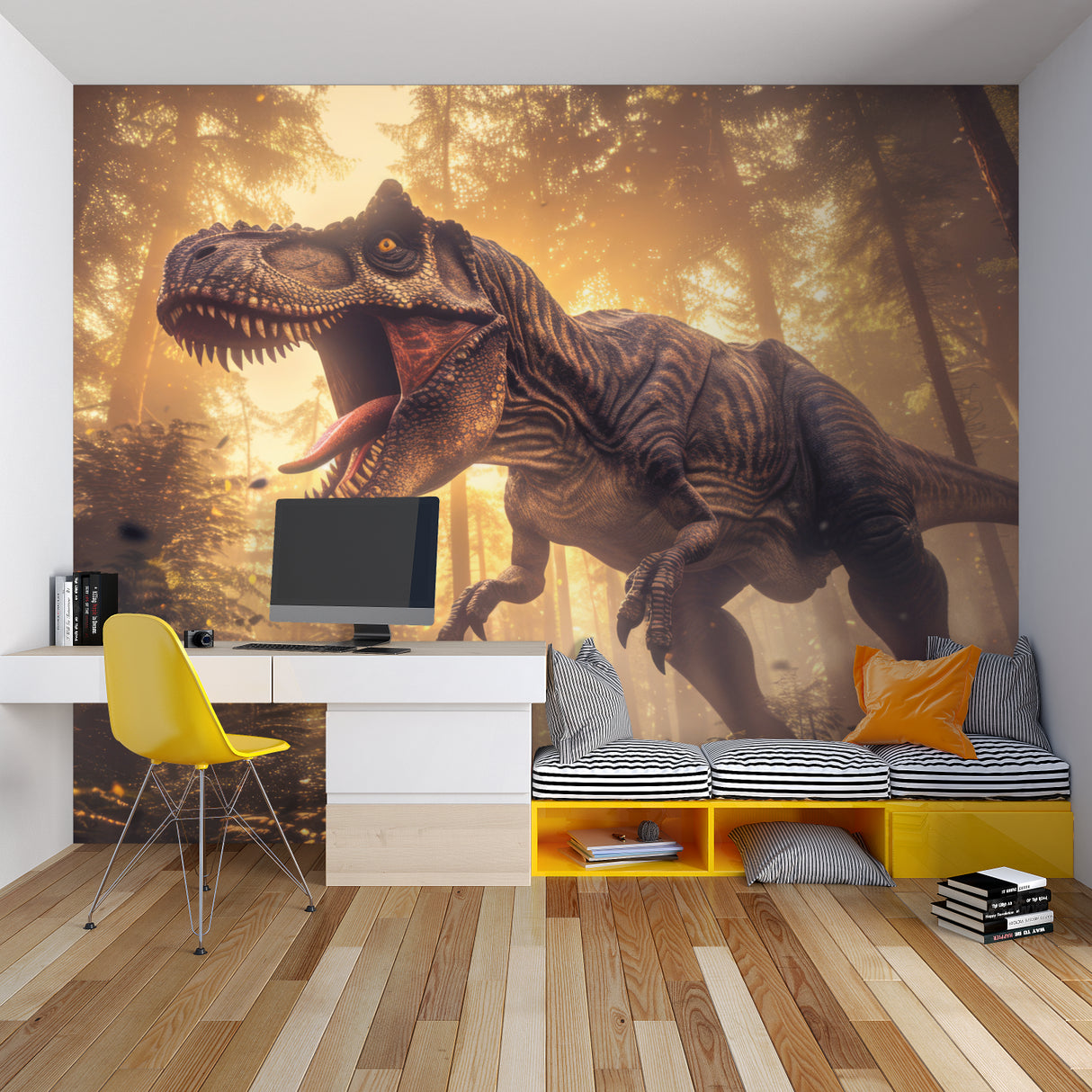 Beach sunset mural bringing summer feels to a teen bedroom with surfboard accents