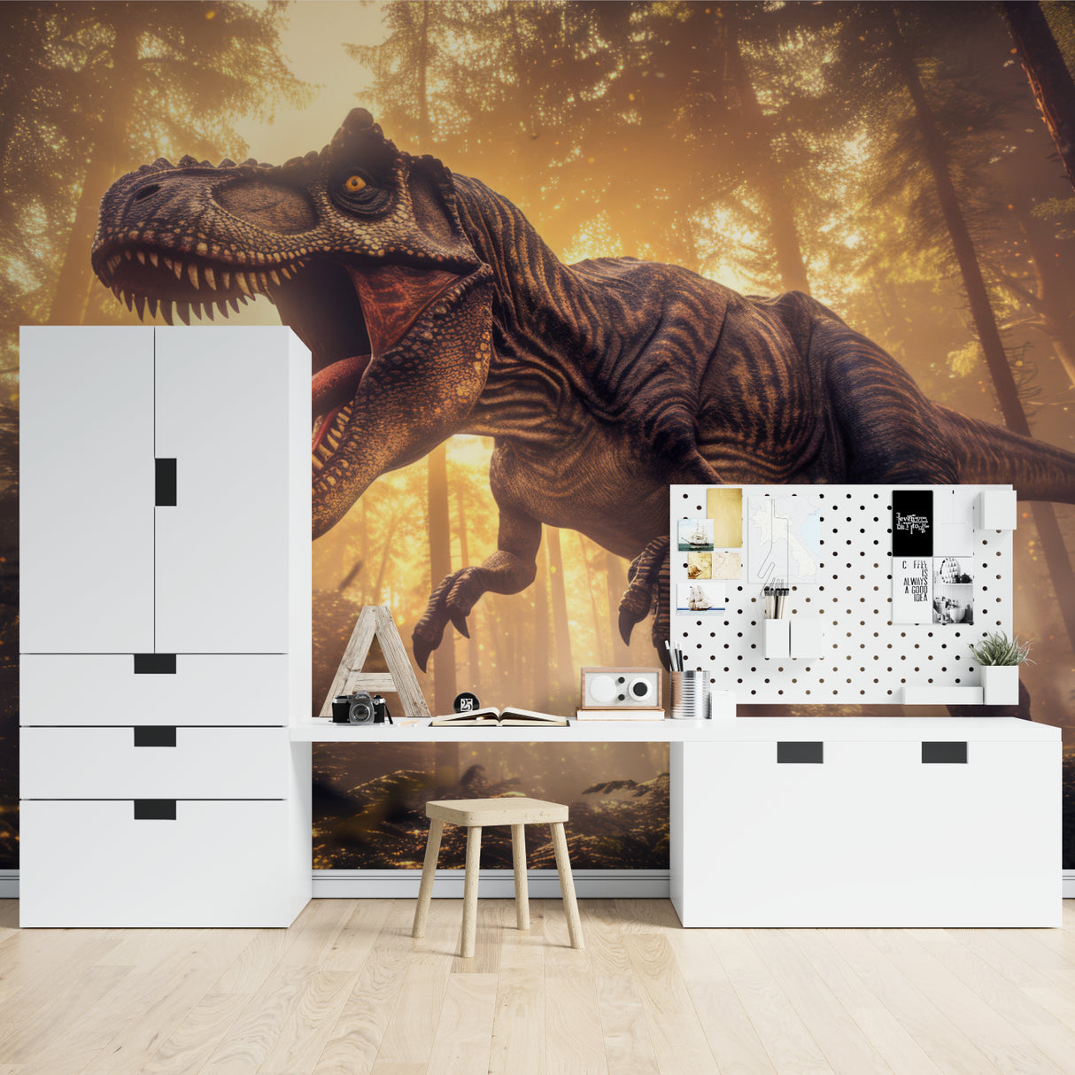 Retro surf wallpaper transforming a home office into a beach paradise