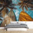 Surf wallpaper creating a bright, airy atmosphere in a modern living room with natural light and coastal decor