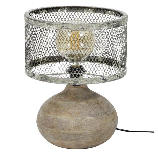 Industrial Table Lamp Mesh Metal Shade With Rustic Wood Base - Product example