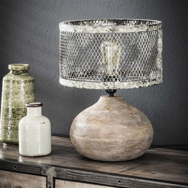 Industrial Table Lamp Mesh Metal Shade With Rustic Wood Base - Detailed view