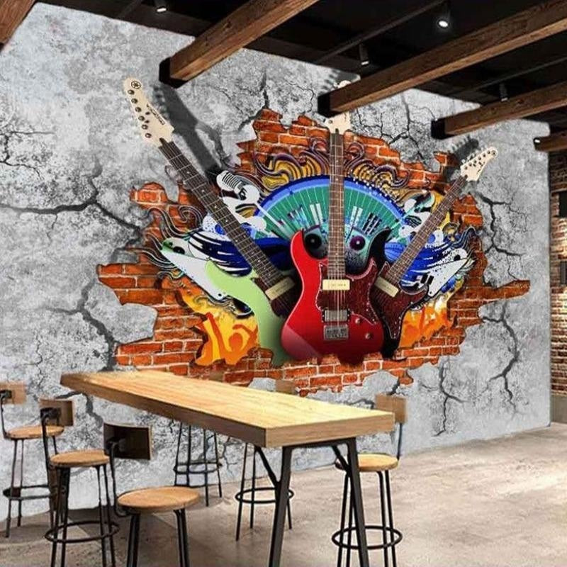 Music Mural Wallpaper | 3D Electric Guitar Brick Wall Design