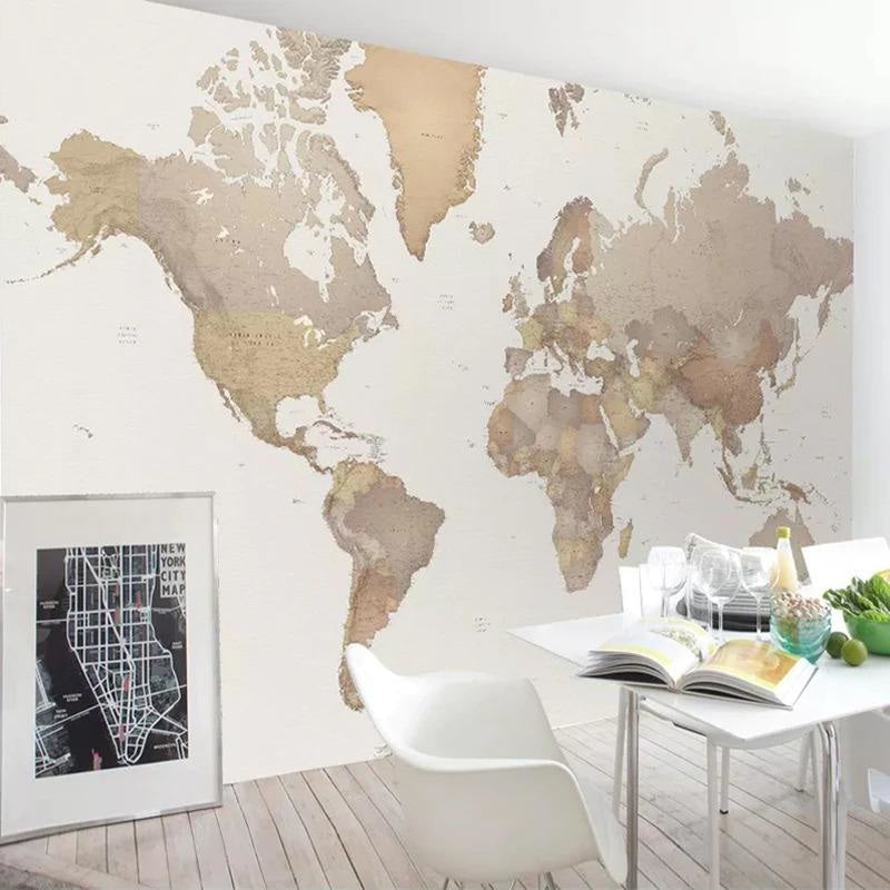World Map Mural Wallpaper | Modern Beige and White Design
