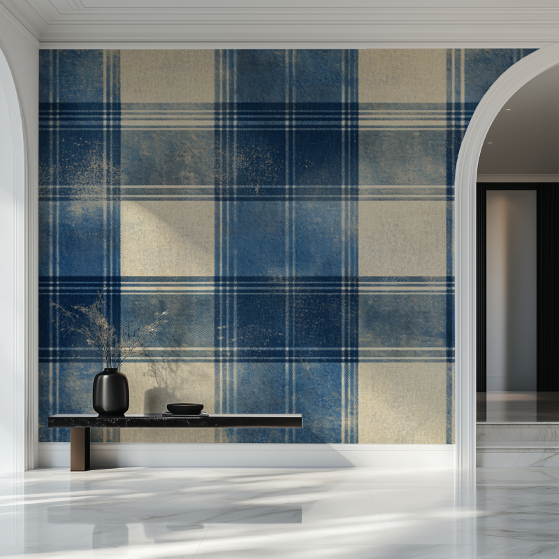 Classic plaid wallpaper pattern showcased in a bright dining room