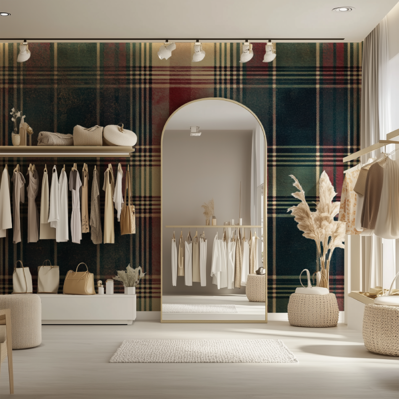 Scottish tartan wall mural creating depth in a home office setting
