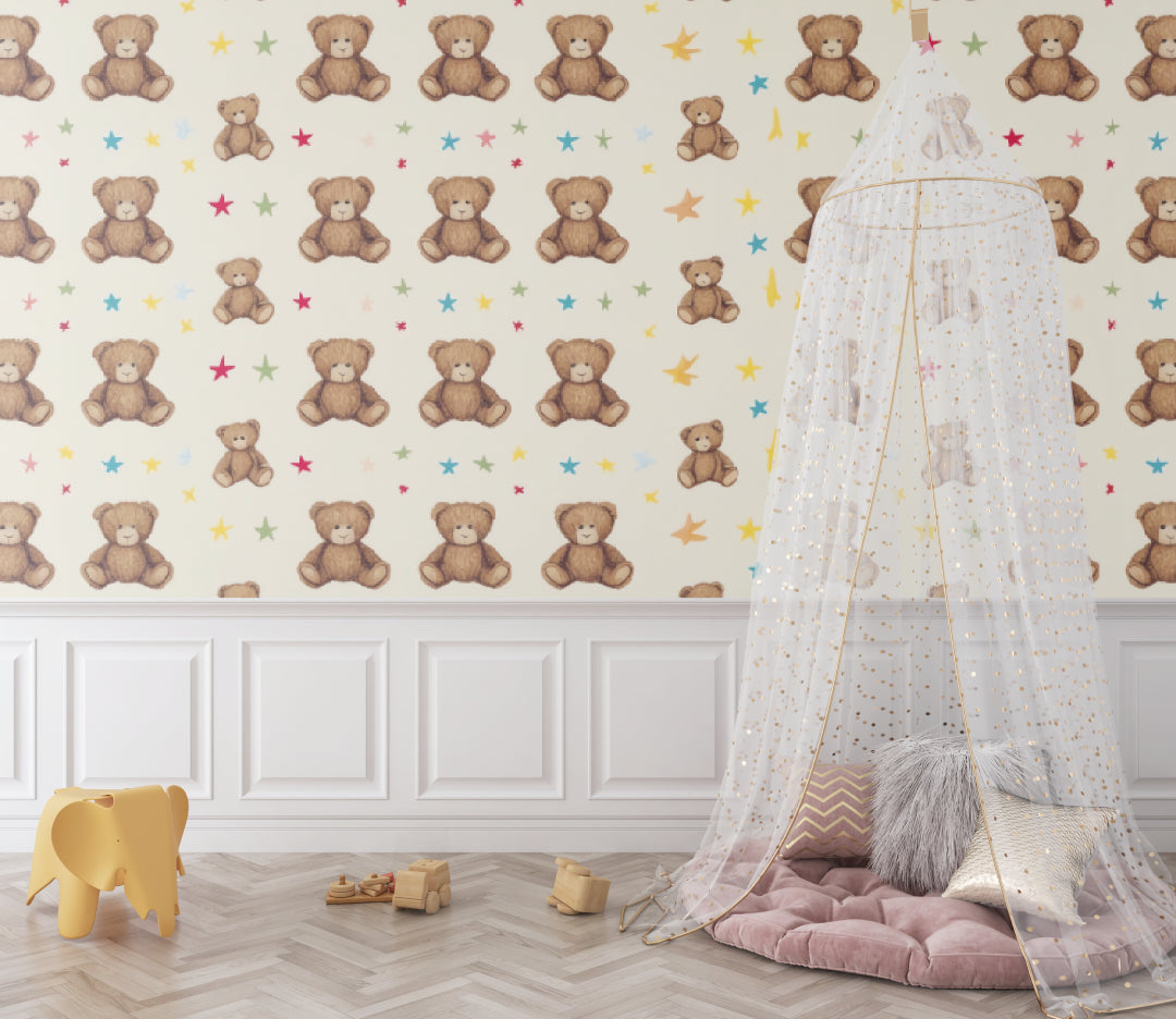 Teddy bear nursery wallpaper with stars creating a cozy atmosphere in a modern nursery with white furniture