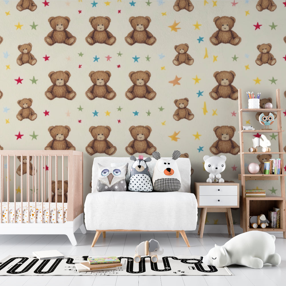 Sweet teddy bear wall mural in a peaceful baby room with soft lighting and wooden crib