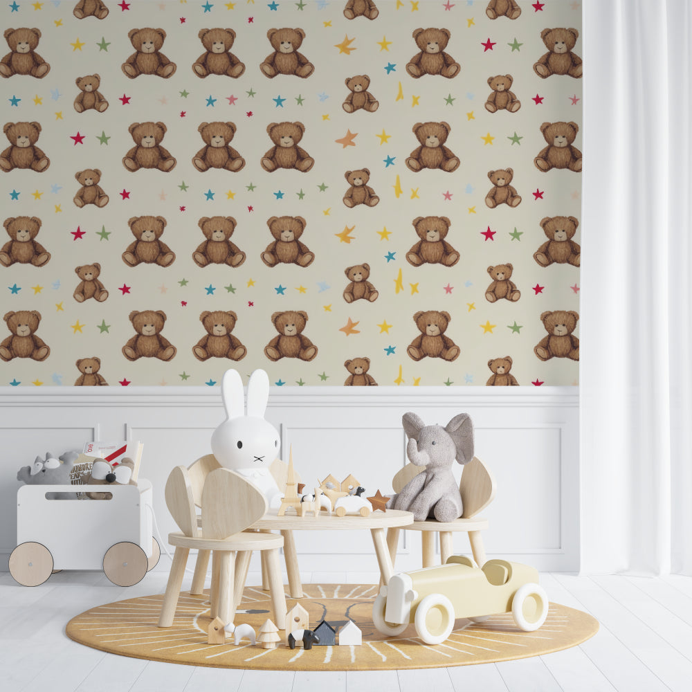 Nursery bear wallpaper creating a warm atmosphere in a gender-neutral playroom
