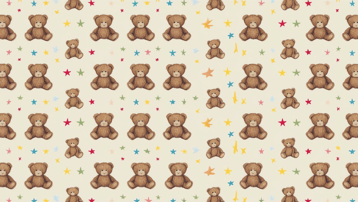 Teddy bear wallpaper design file showing detailed pattern of brown bears and colorful stars