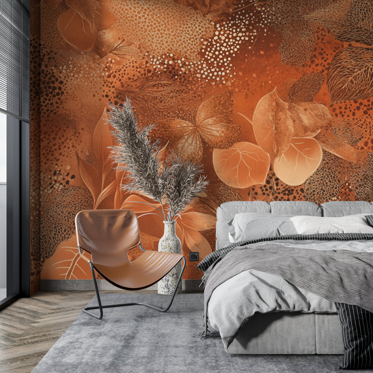 Terracotta botanical wallpaper in modern living room creates warm, inviting atmosphere