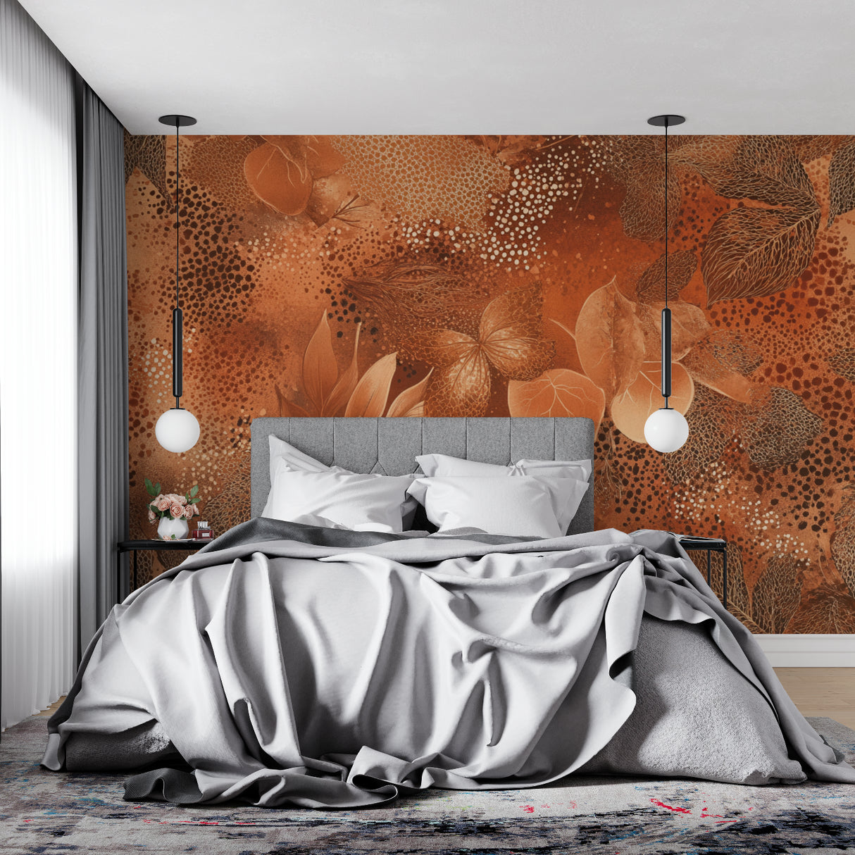 Abstract botanical pattern transforms dining room with soft terracotta tones