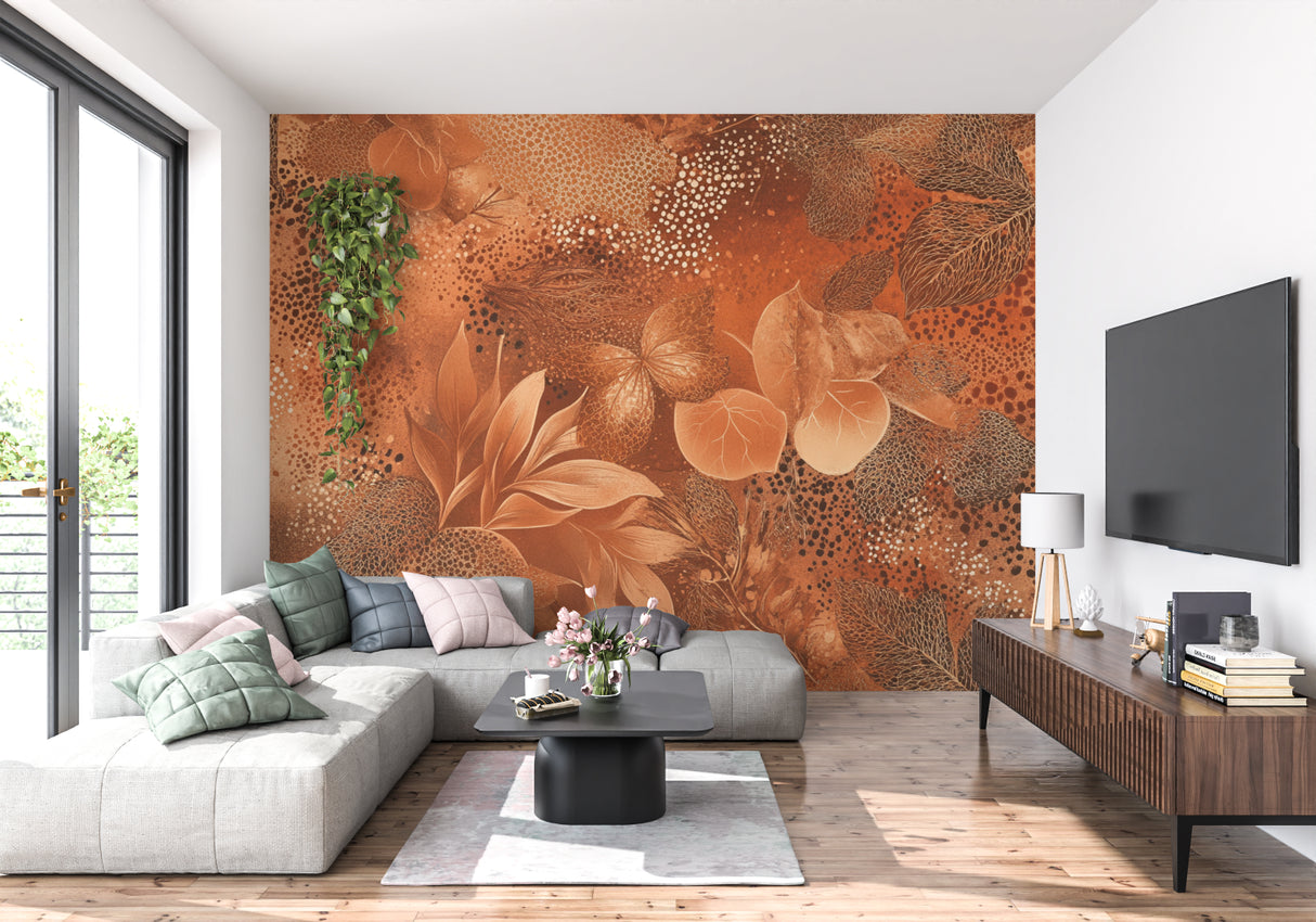 Botanical wall mural adds elegance to bedroom with flowing leaf patterns