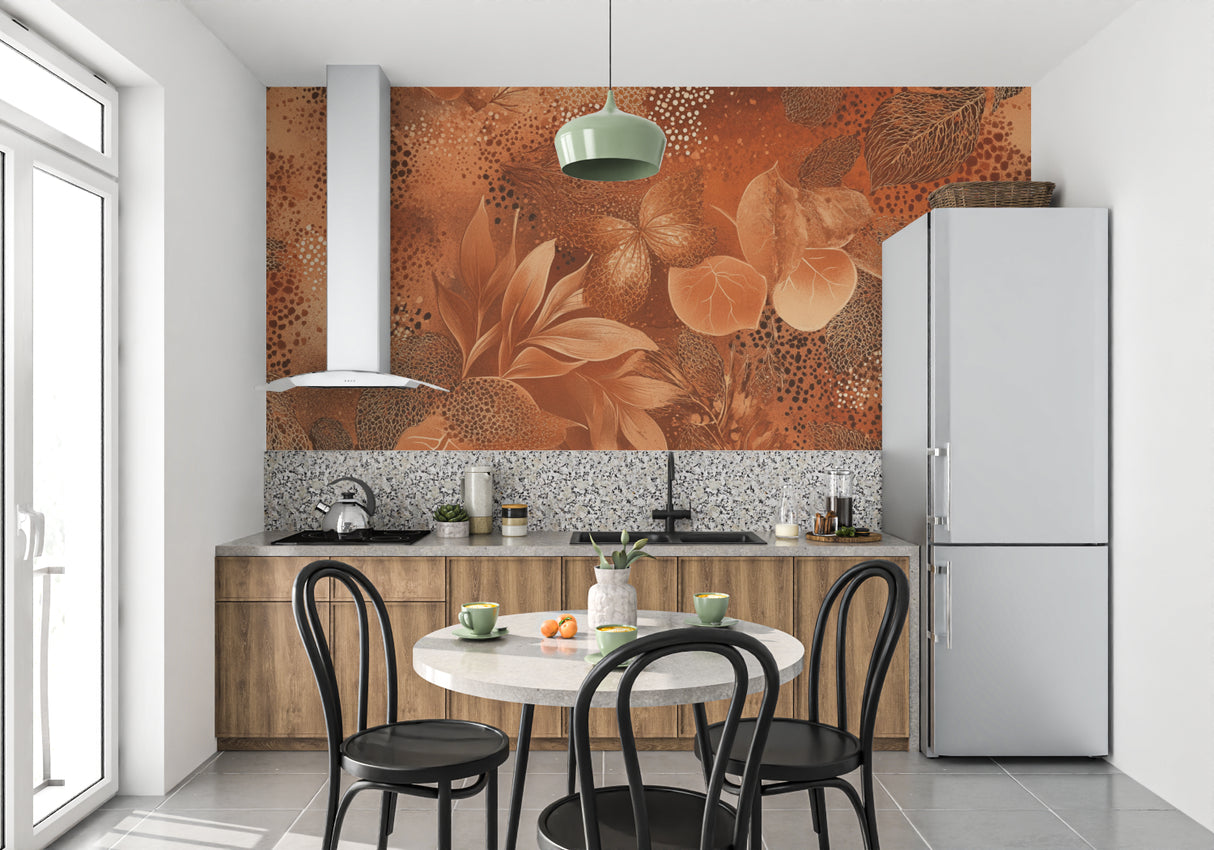 Terracotta leaf pattern enhances hallway with natural warmth