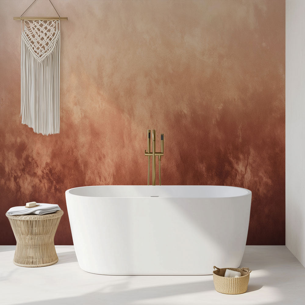 Terracotta ombre wallpaper in modern living room setting, showing fluid gradient from beige to burnt sienna