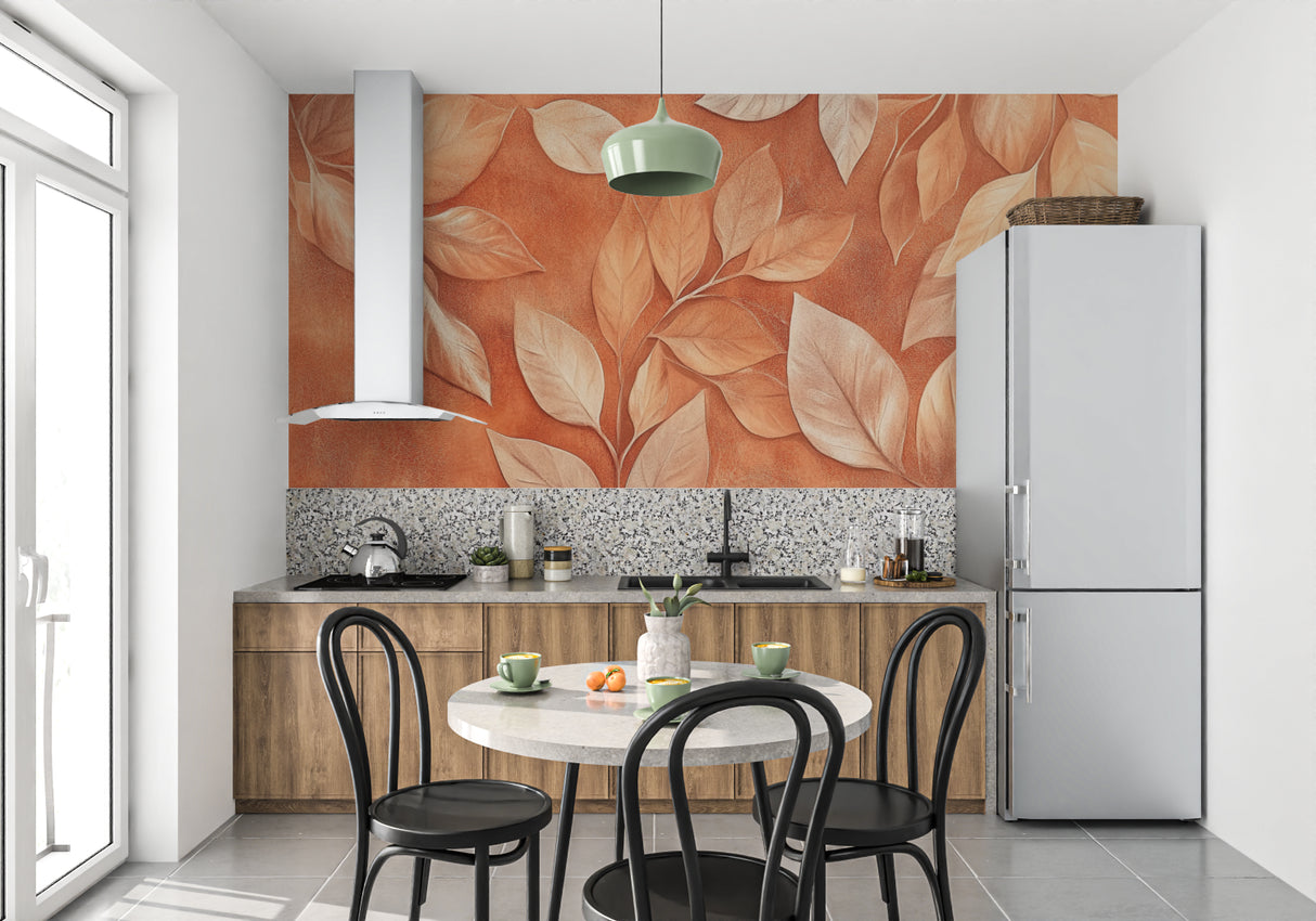 Terracotta leaf wallpaper in modern living room showing warm autumn colors and natural light interaction