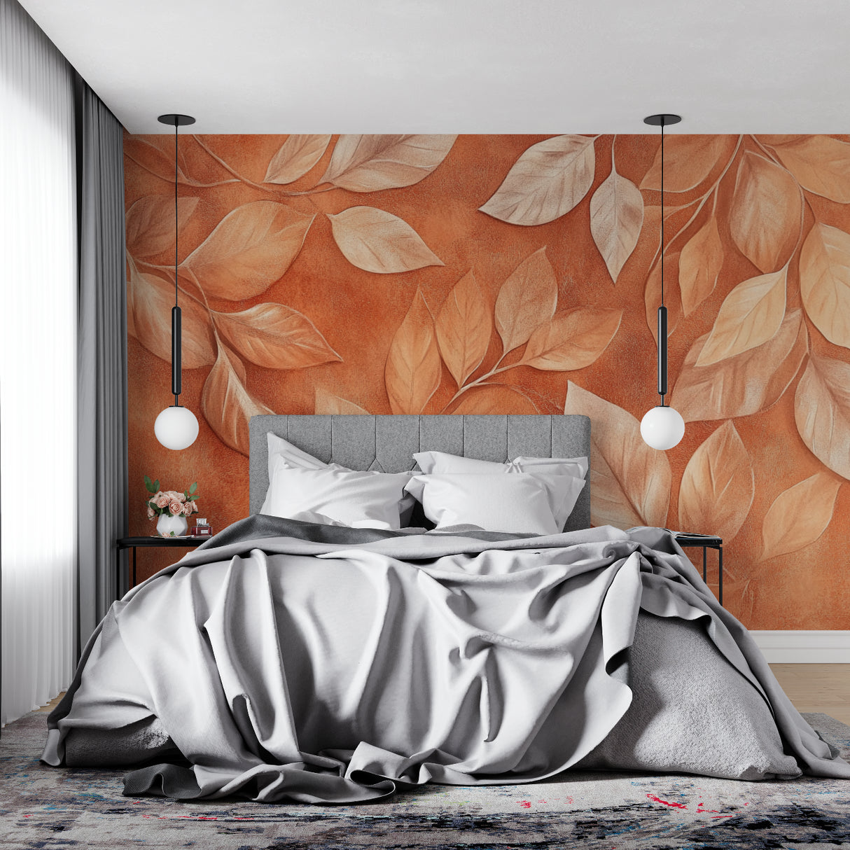 Autumn leaves wallpaper creating cozy atmosphere in bedroom with soft lighting