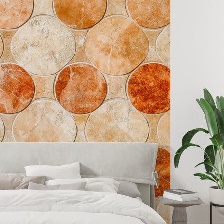 Terracotta mosaic wallpaper in modern dining room creates warm Mediterranean atmosphere