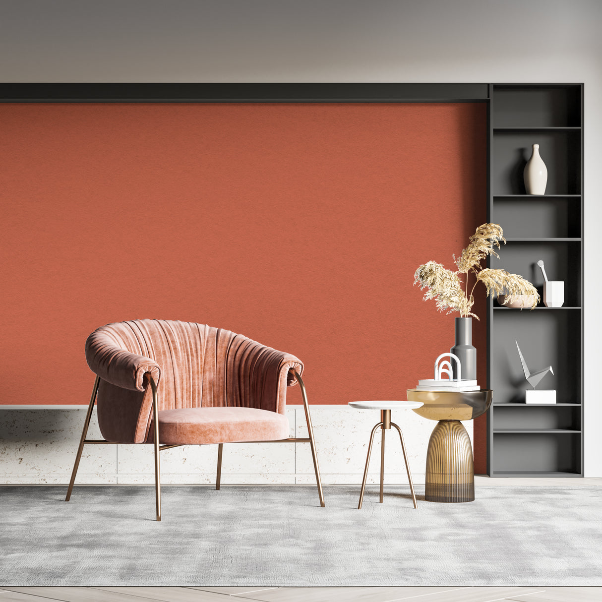Modern terracotta wallpaper in a bright living room setting showcasing minimalist interior design