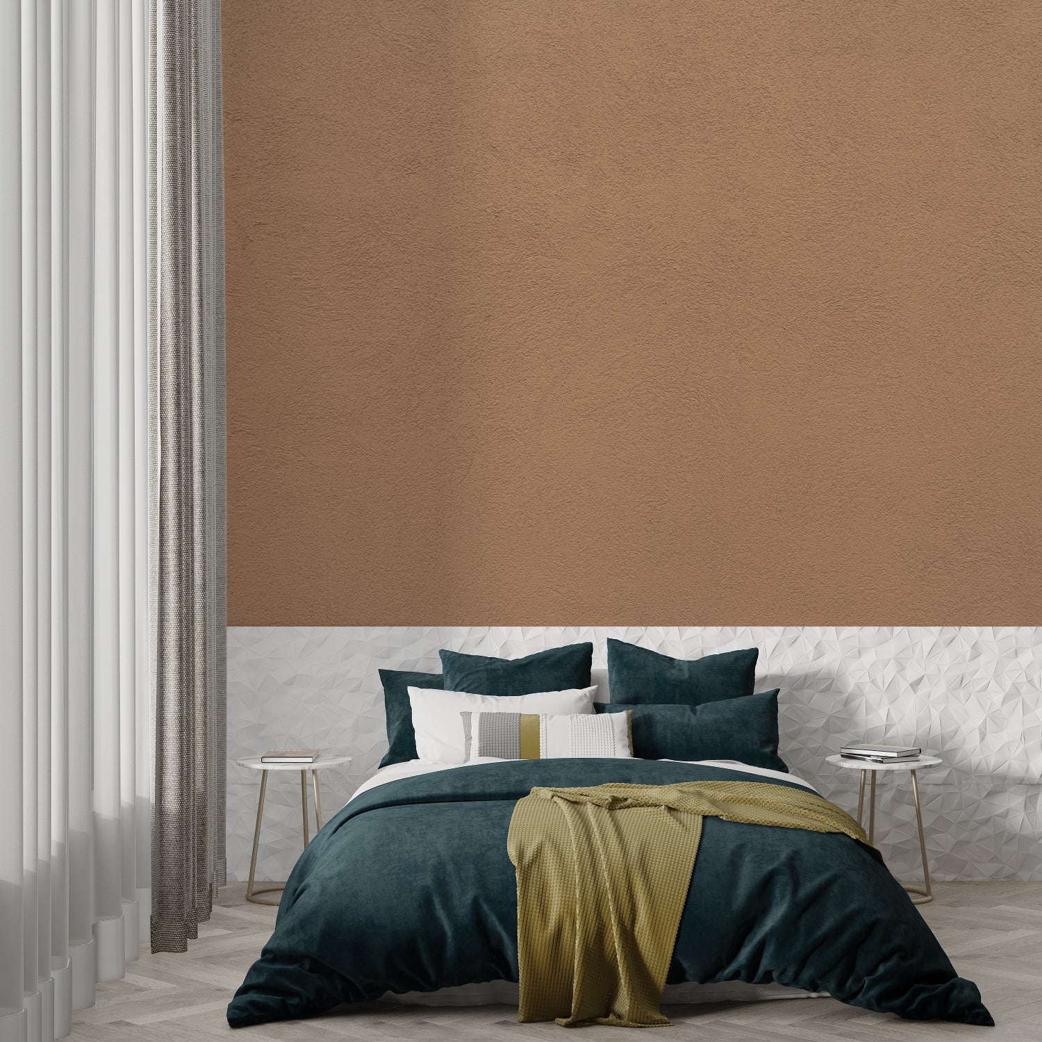 Minimalist terracotta wallpaper in a bright dining room with natural light