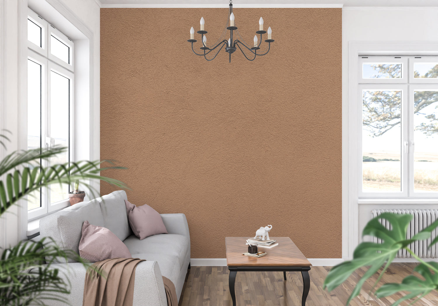 Modern terracotta wall design in a cozy bedroom setting