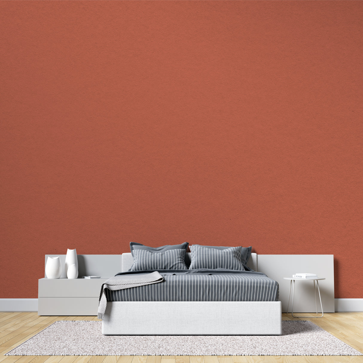 Solid color mural adding warmth to modern hallway