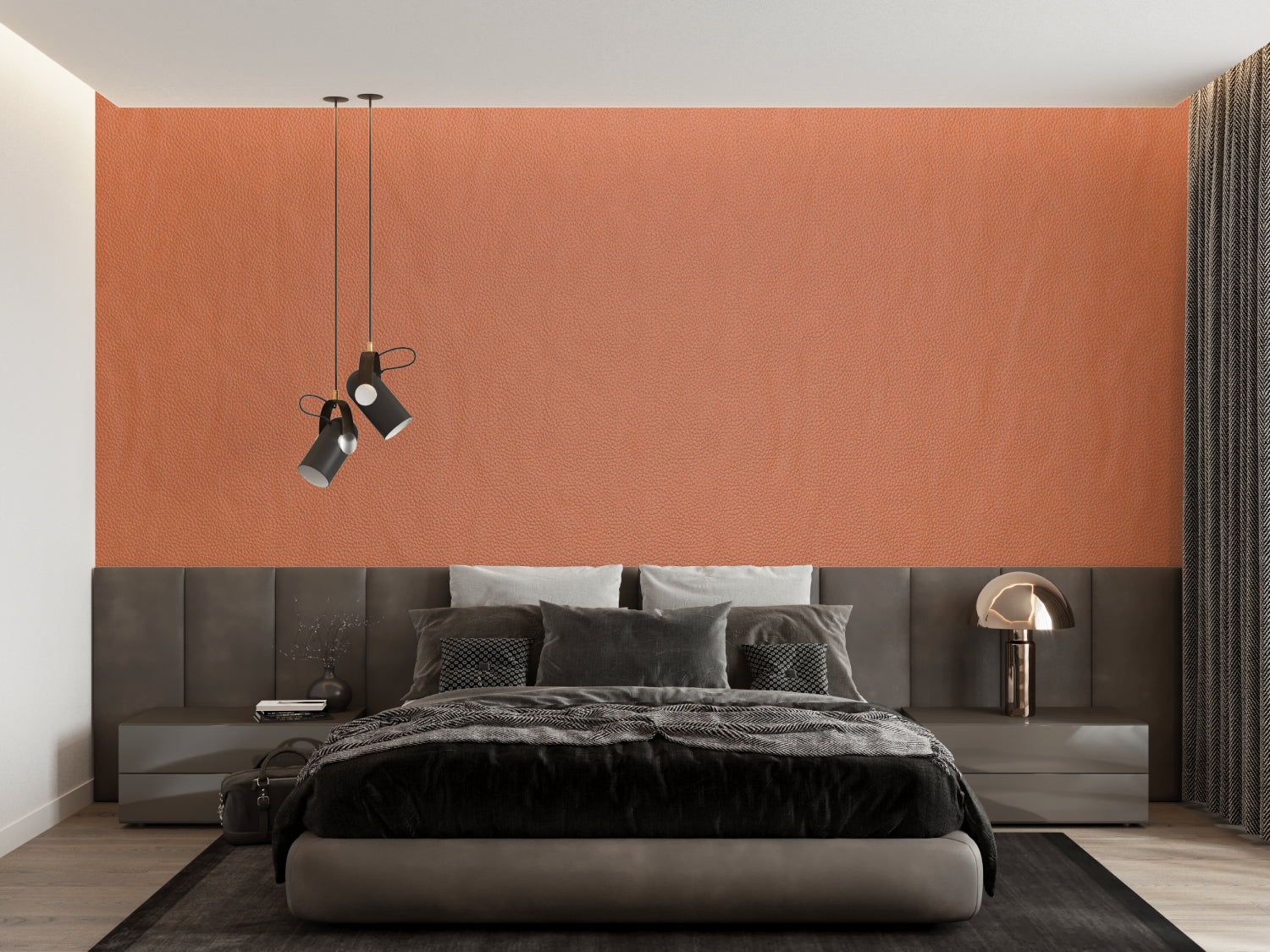 Modern terracotta wall mural creating warmth in minimal dining space