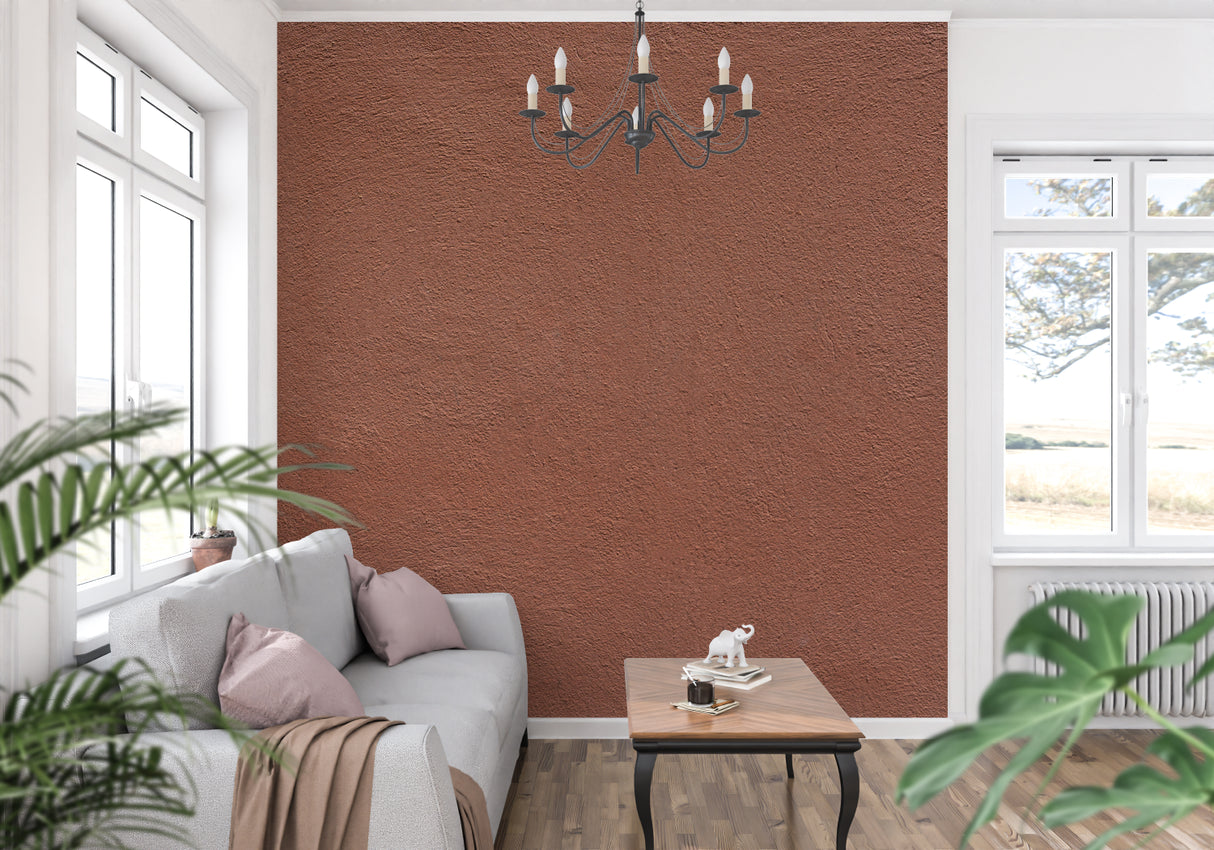Terracotta textured wallpaper in modern living room creating warm, inviting atmosphere