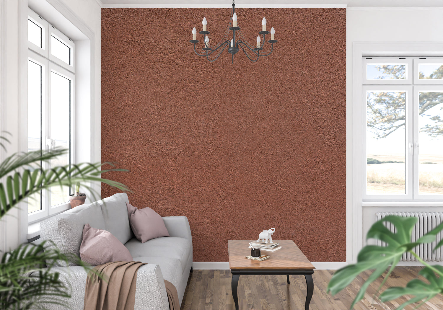 Terracotta textured wallpaper in modern living room creating warm, inviting atmosphere