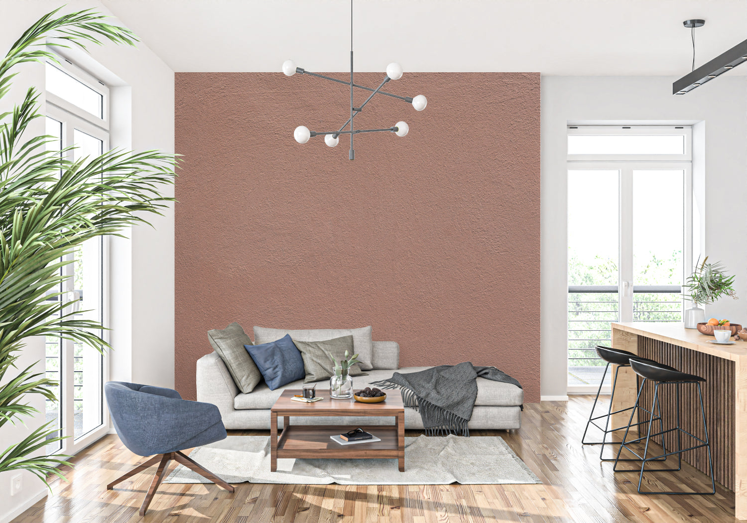 Modern dining room featuring terracotta accent wall with subtle texture detail