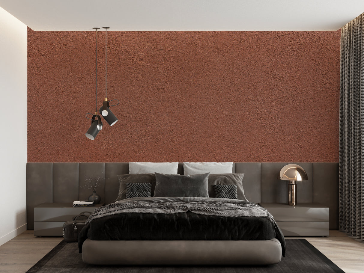Bedroom with modern terracotta wallpaper creating cozy, peaceful environment