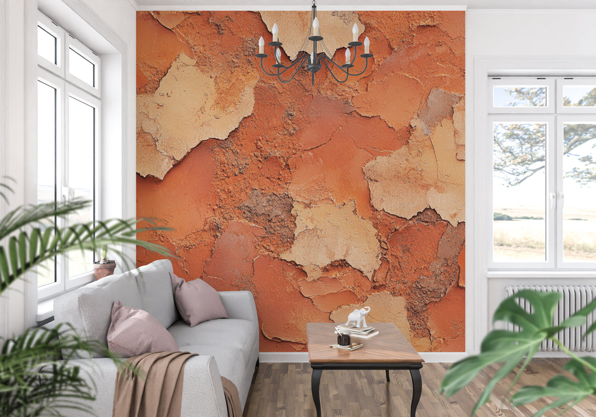 Terracotta wall mural in modern living room showing natural textured finish
