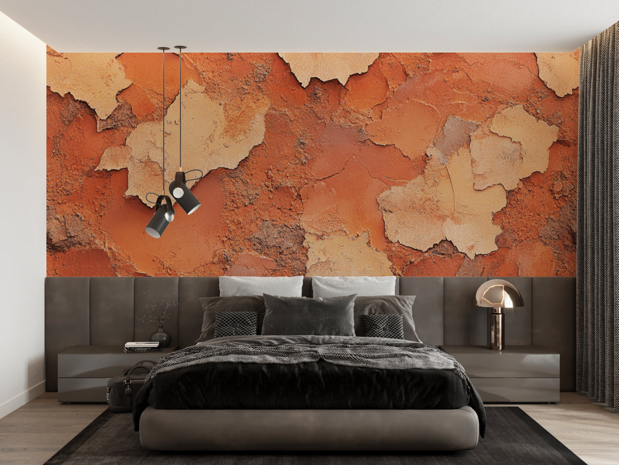 Entryway decorated with natural terracotta wall mural showing texture detail