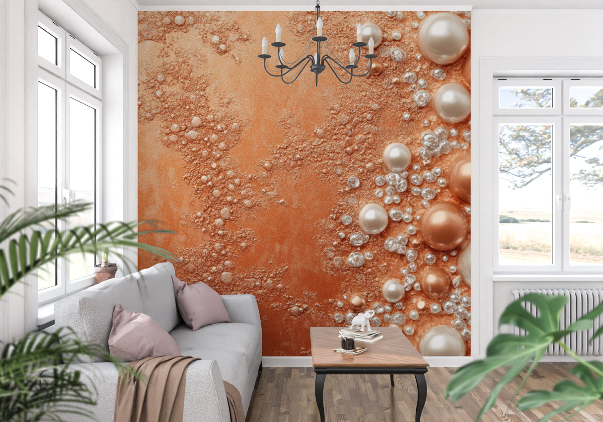 Terracotta bubble wallpaper in modern living room creating warm, sophisticated atmosphere
