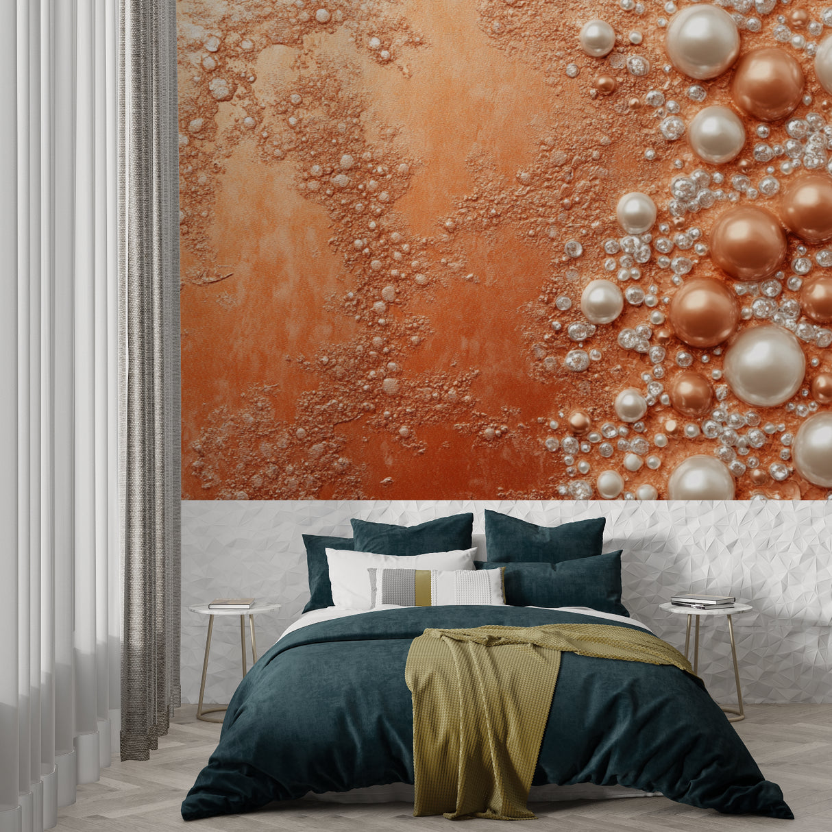 Pearl accent wall design in dining room with evening light highlighting bubble texture