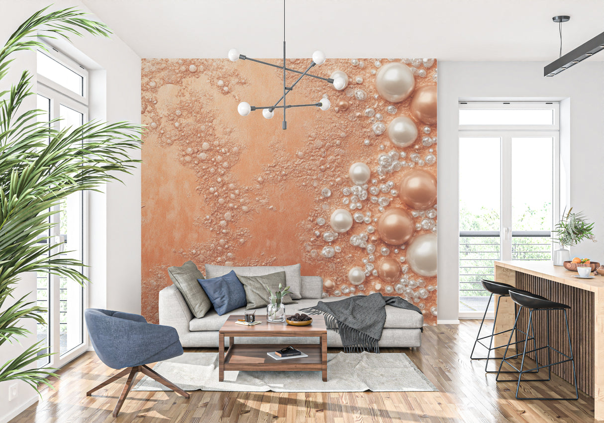 Modern home office featuring terracotta bubble wall mural with soft lighting