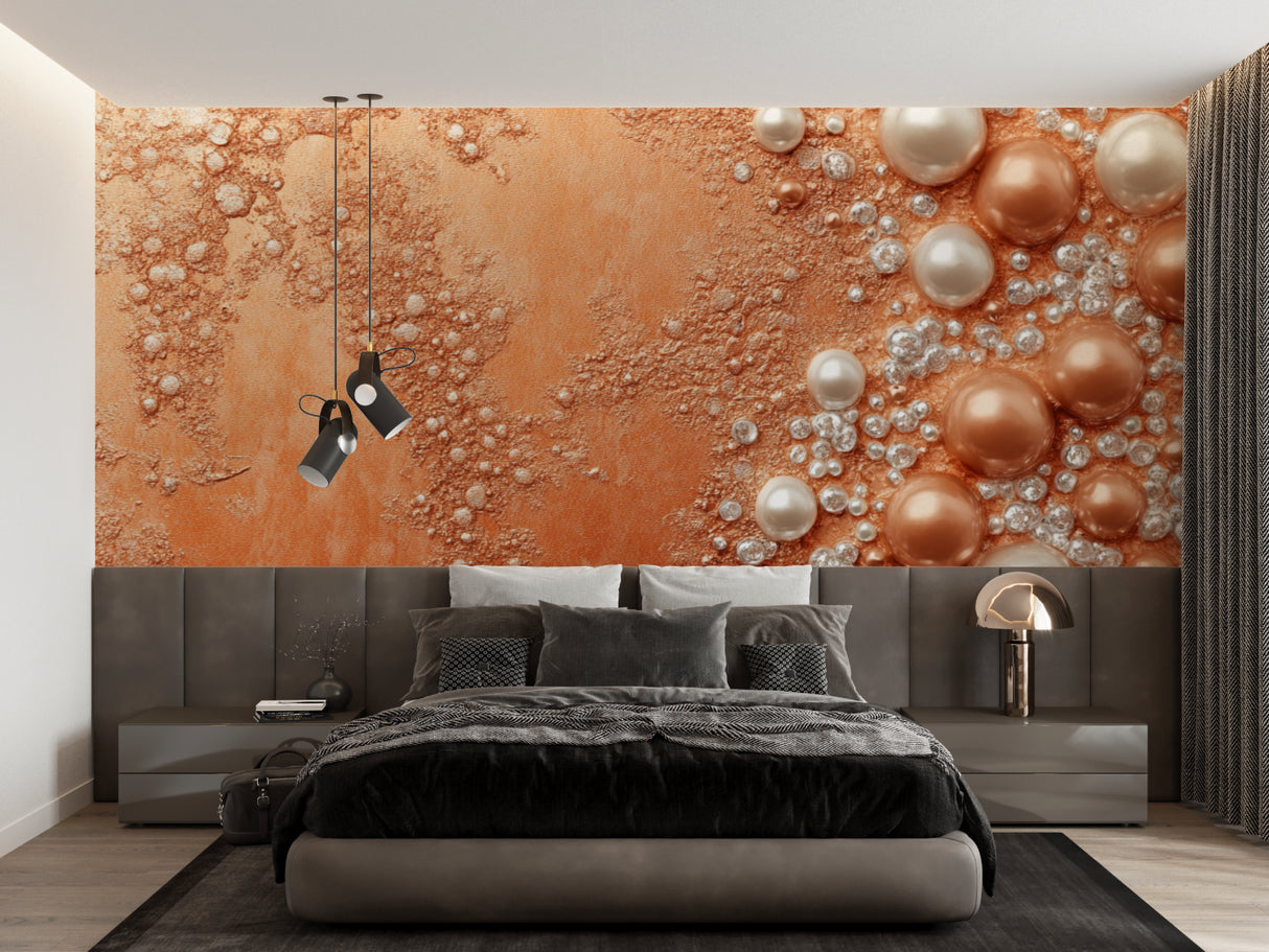 Terracotta and pearl wallpaper creating cozy atmosphere in reading nook