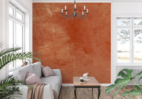Terracotta wallpaper creating a warm atmosphere in a modern living room with minimal furniture