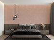 Pink terracotta wallpaper in modern living room with natural light showing textured finish
