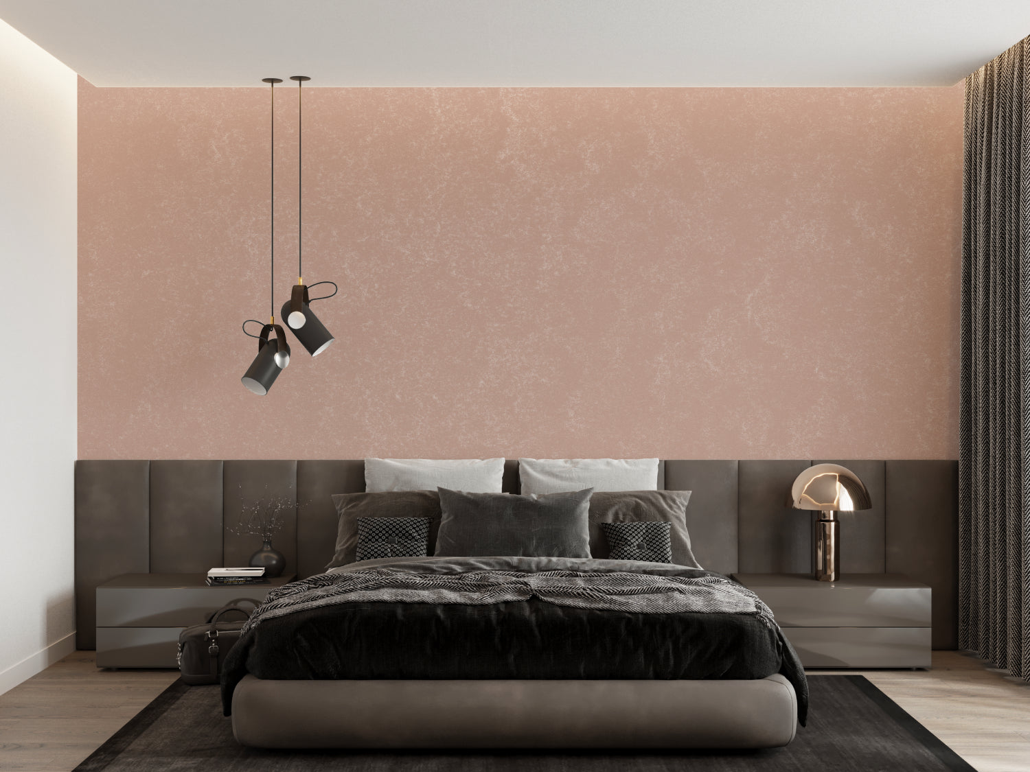 Pink terracotta wallpaper in modern living room with natural light showing textured finish