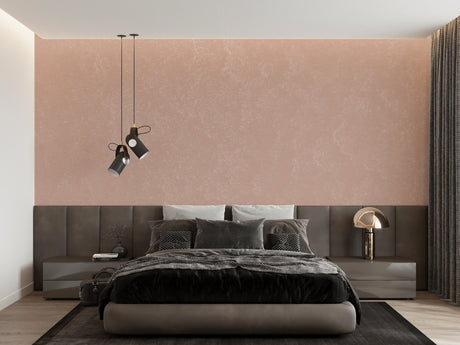 Pink terracotta wallpaper in modern living room with natural light showing textured finish