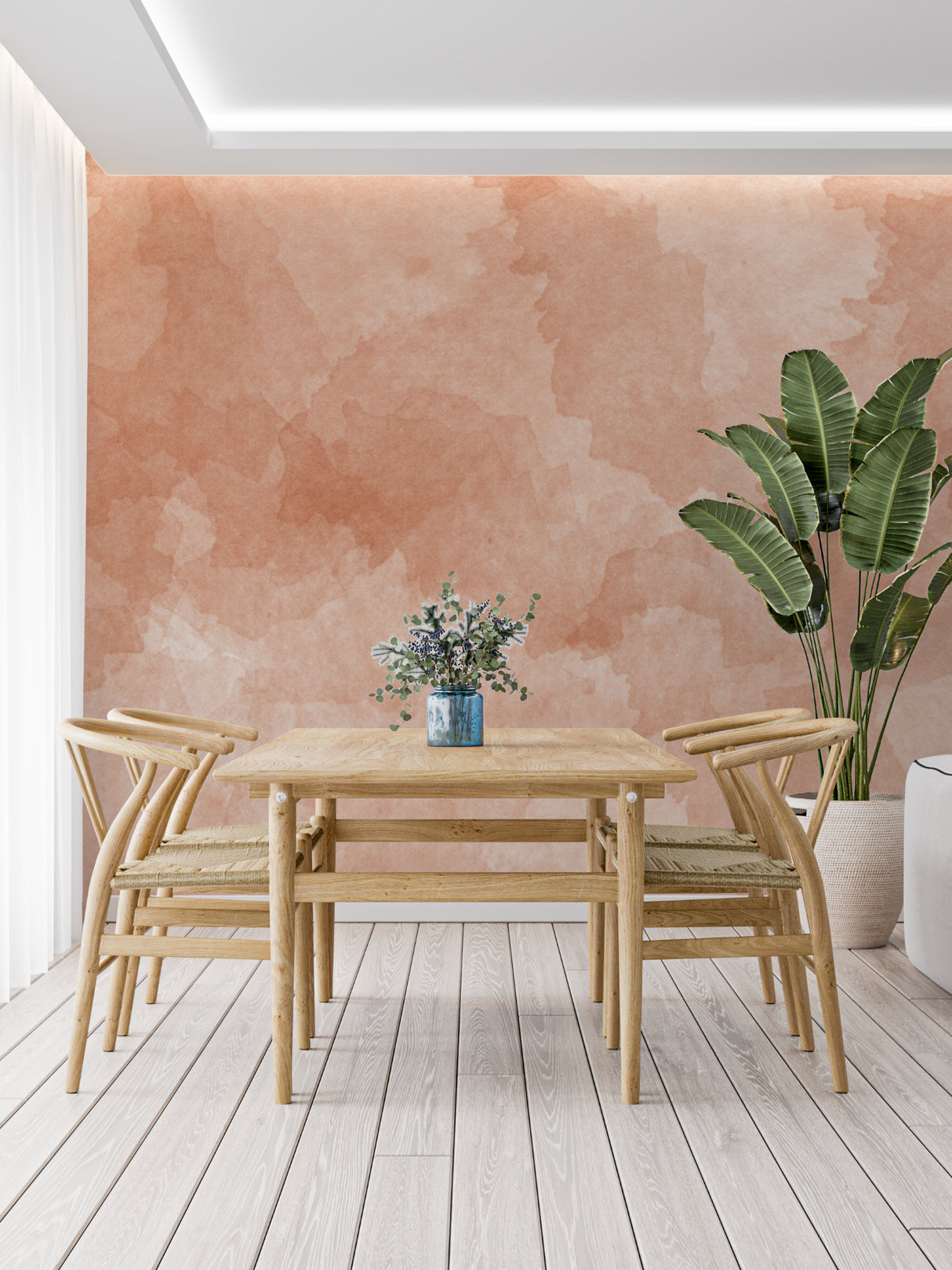 Terracotta abstract wallpaper in modern living room creates warm, inviting atmosphere