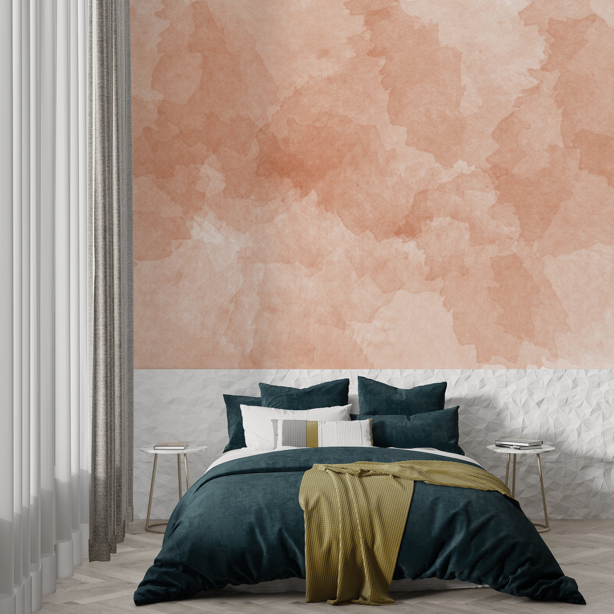 Watercolor terracotta mural adds soft glow to dining room walls