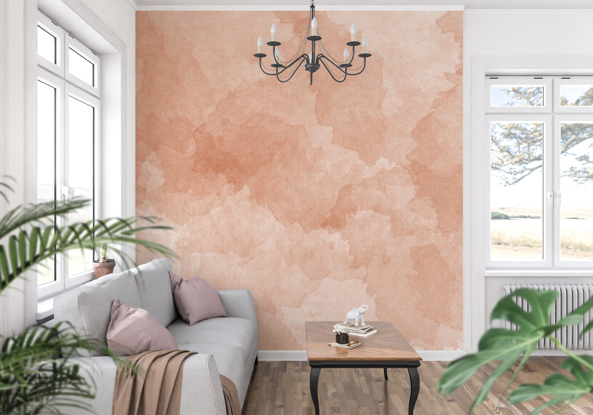 Abstract terracotta wall mural brings warmth to bedroom setting