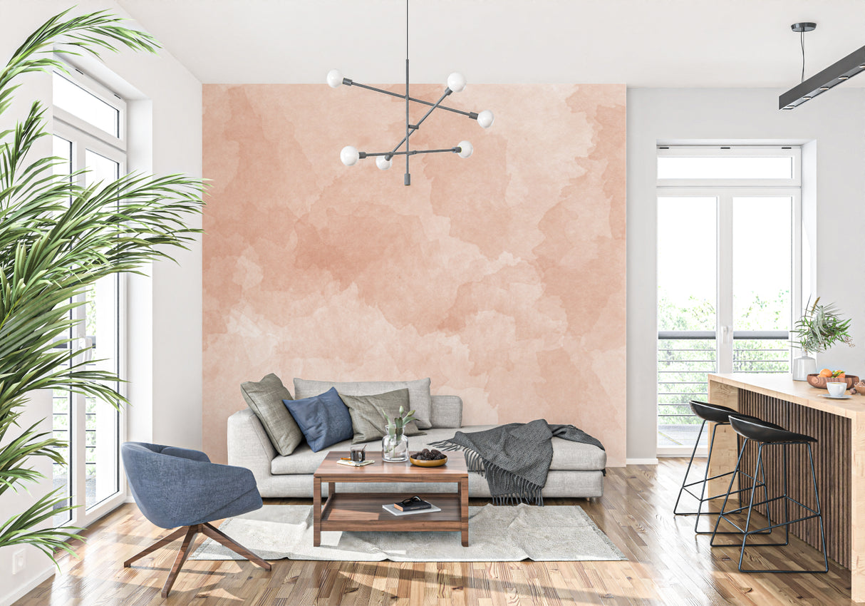 Soft watercolor mural enhances entryway with earth tones
