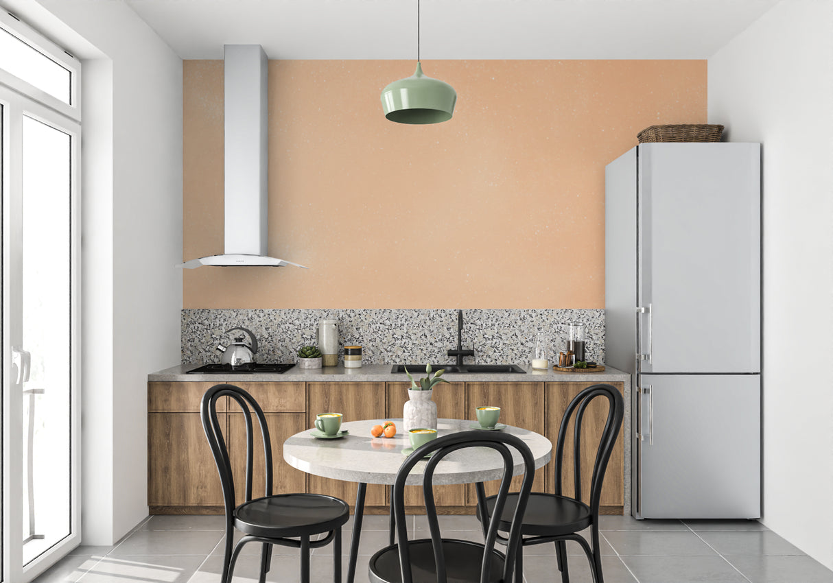 Dining room with terracotta wall mural showing soft, textured finish