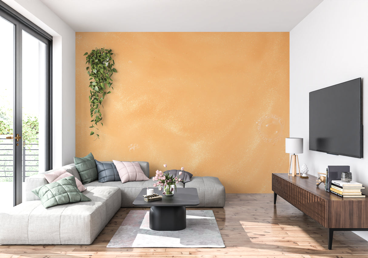 Textured orange wallpaper in home office with modern furniture